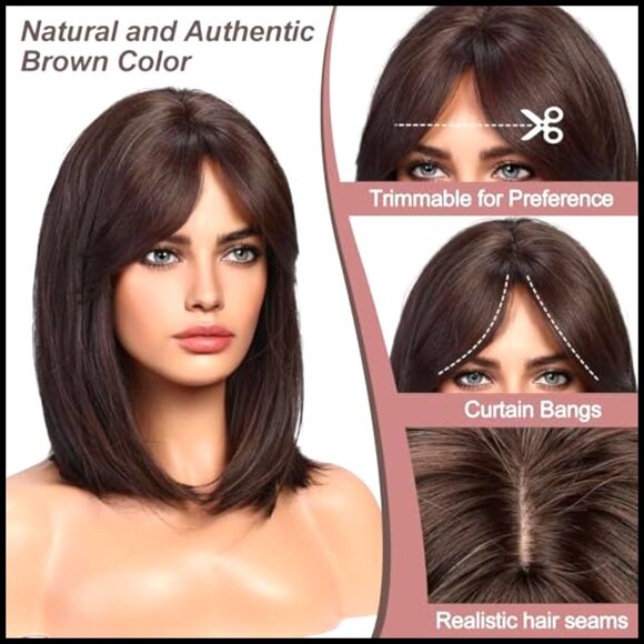 Straight Synthetic Wig with Curtain Bangs Shoulder Length Natural Daily Use